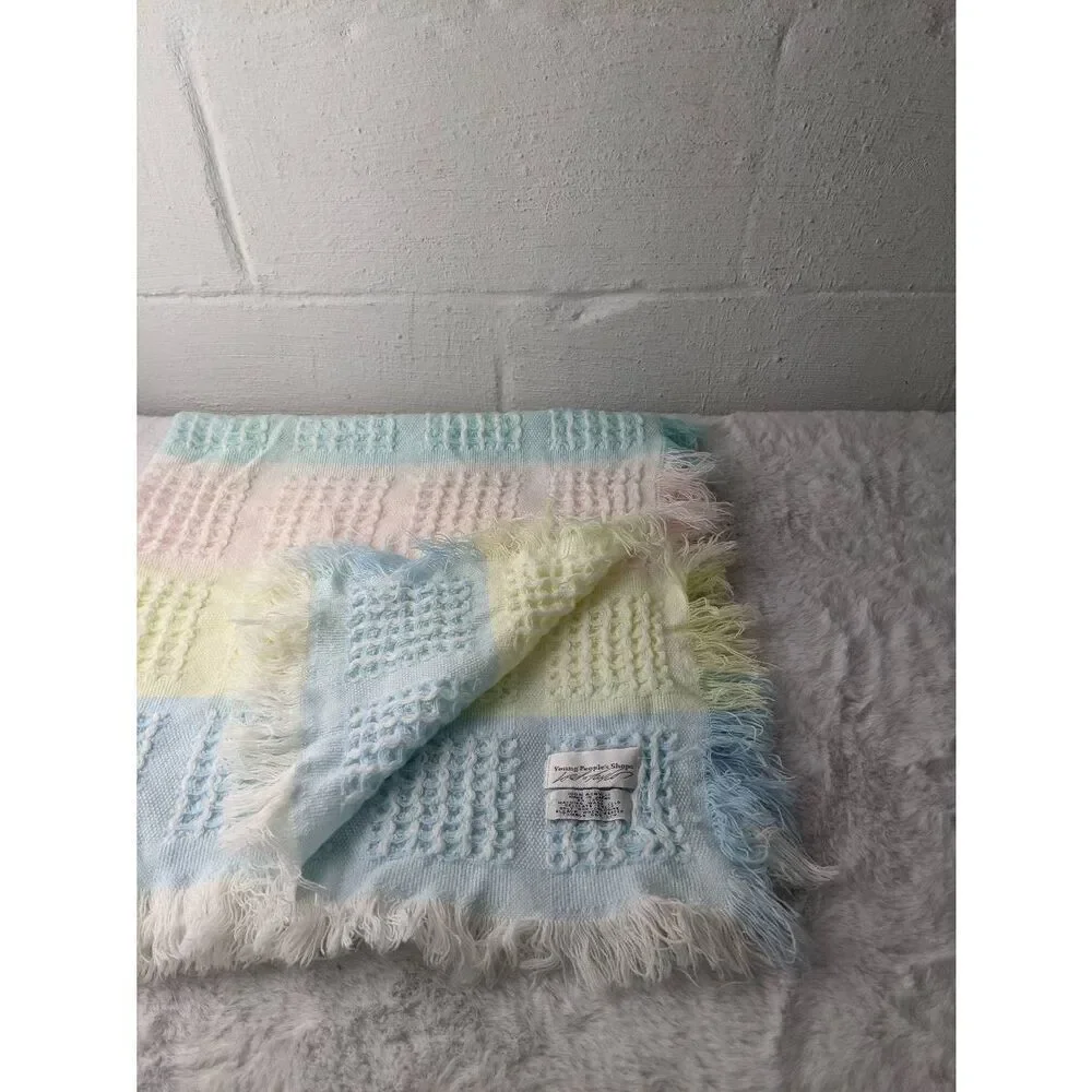 Lord & Taylor Vtg Plaid Baby Blanket Pastel Blue Pink Yellow Green Plaid Throw F